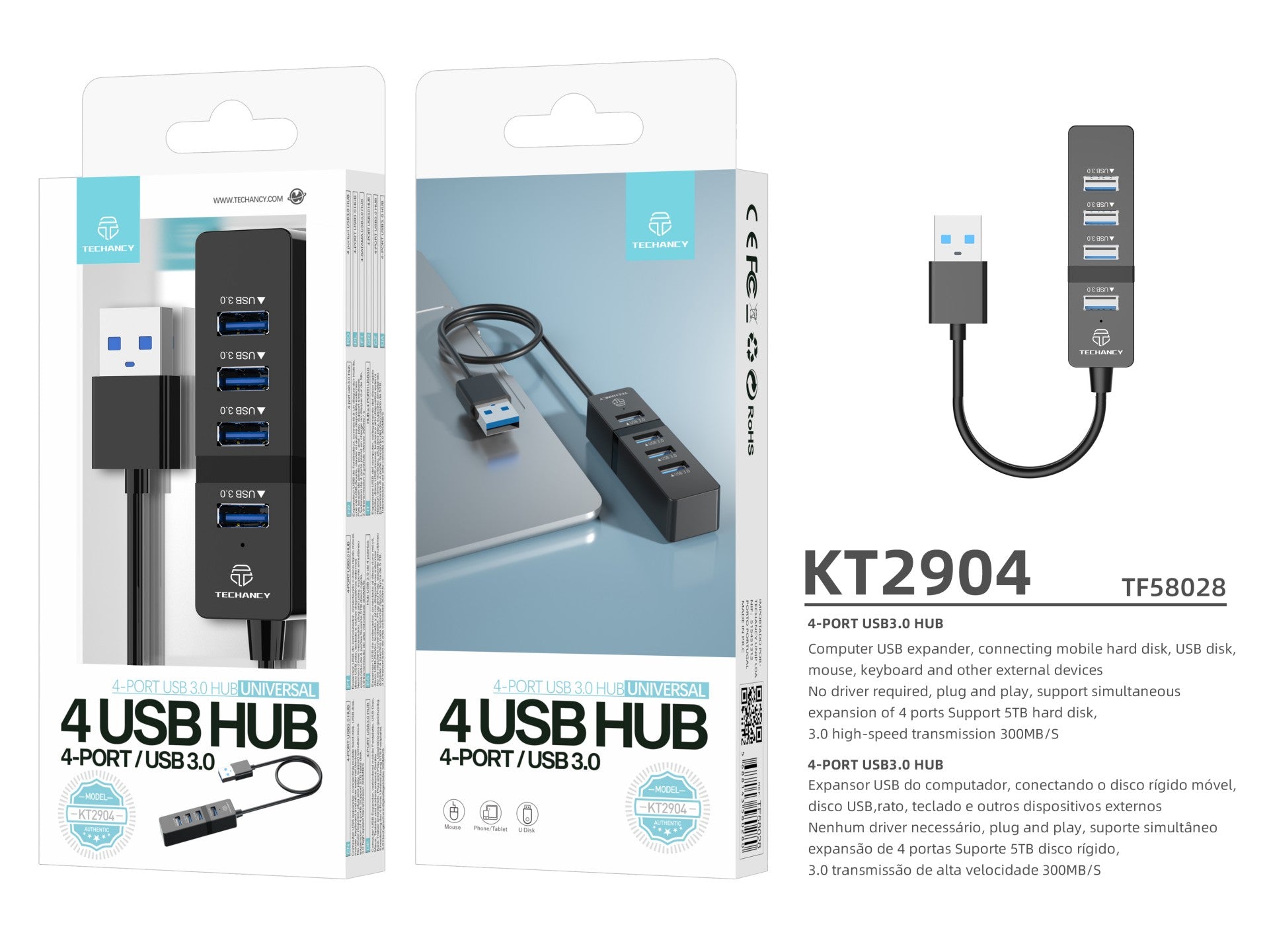 Hub USB Techancy, 4 portas USB 3.0, KT2904, preto