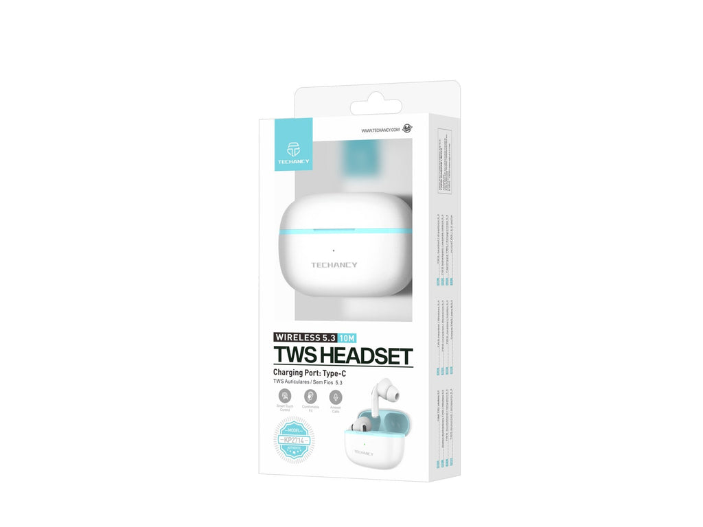 Techancy Auriculares TWS KP2714 Bluetooth 5.3 ligação 10m USB-C 4h de