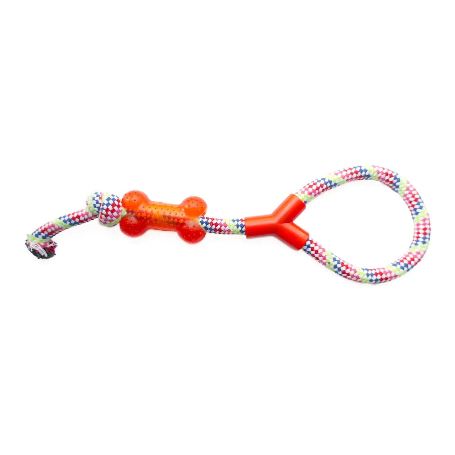 Jucărie de ros pentru câini din sfoară si cauciuc, os cu mâner, 40cm Petora