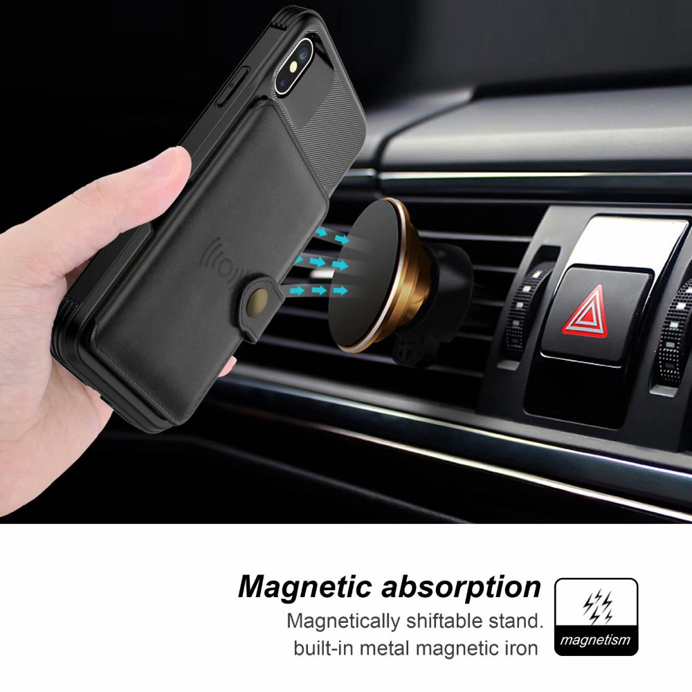 Husă cu portofel magnetic din piele, tip armură, cu protecție 360 pentru iPhone