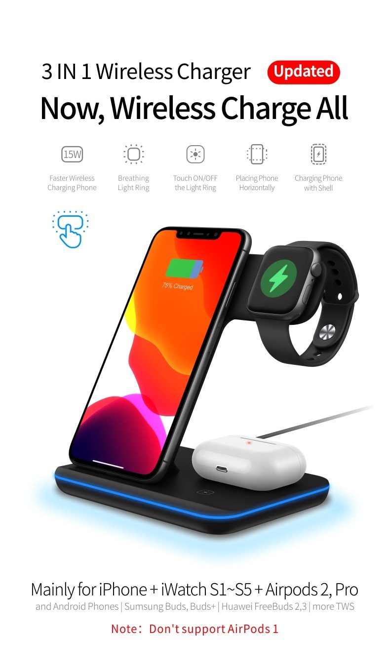 Ninja 15W 3 in 1 Fast Wireless Charging Station for Mobile Phones - Cart2u.ro