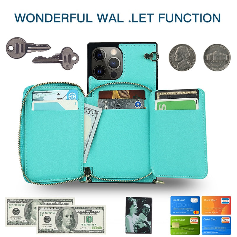 Zipper Wallet Case with Adjustable Crossbody Strap for iphone - Cart2u.ro