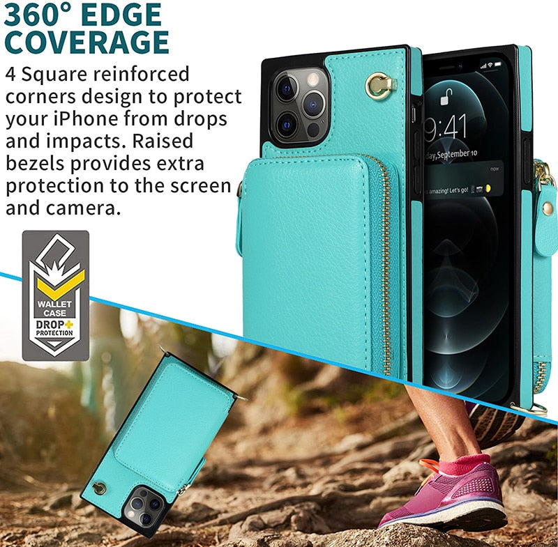 Zipper Wallet Case with Adjustable Crossbody Strap for iphone - Cart2u.ro