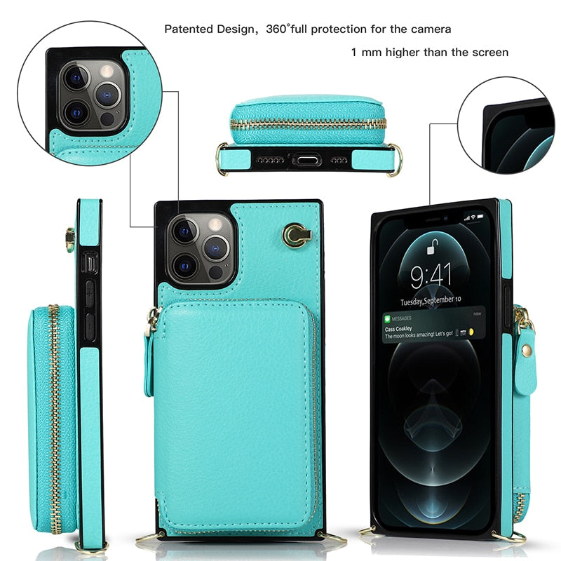 Zipper Wallet Case with Adjustable Crossbody Strap for iphone - Cart2u.ro