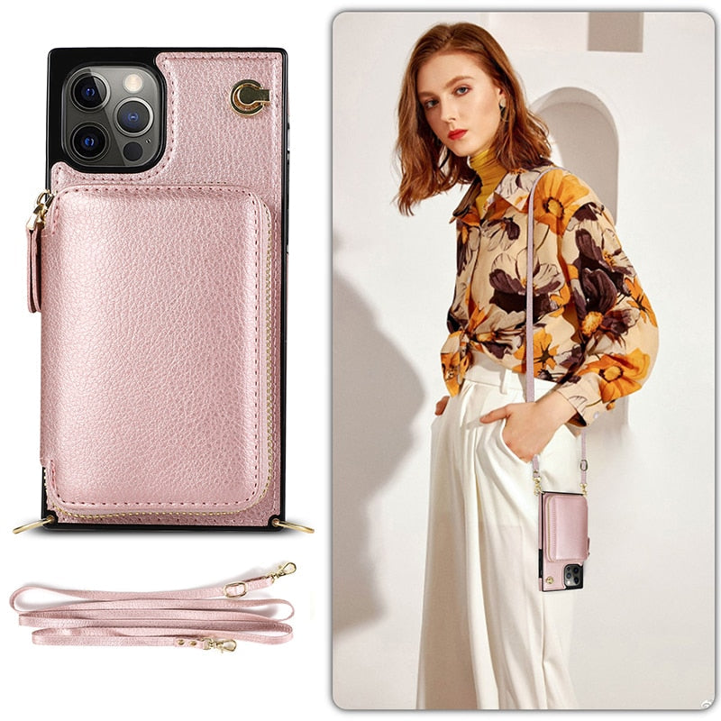 Zipper Wallet Case with Adjustable Crossbody Strap for iphone - Cart2u.ro