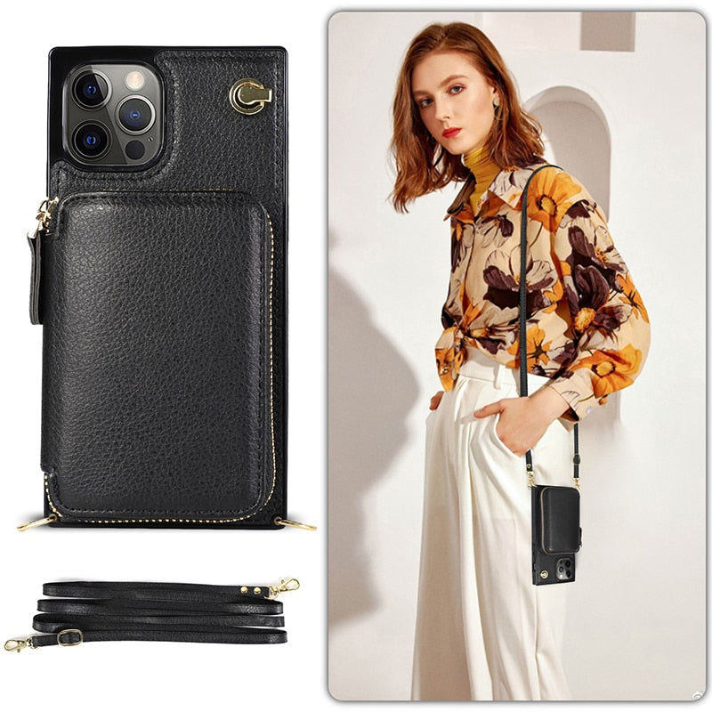Zipper Wallet Case with Adjustable Crossbody Strap for iphone - Cart2u.ro