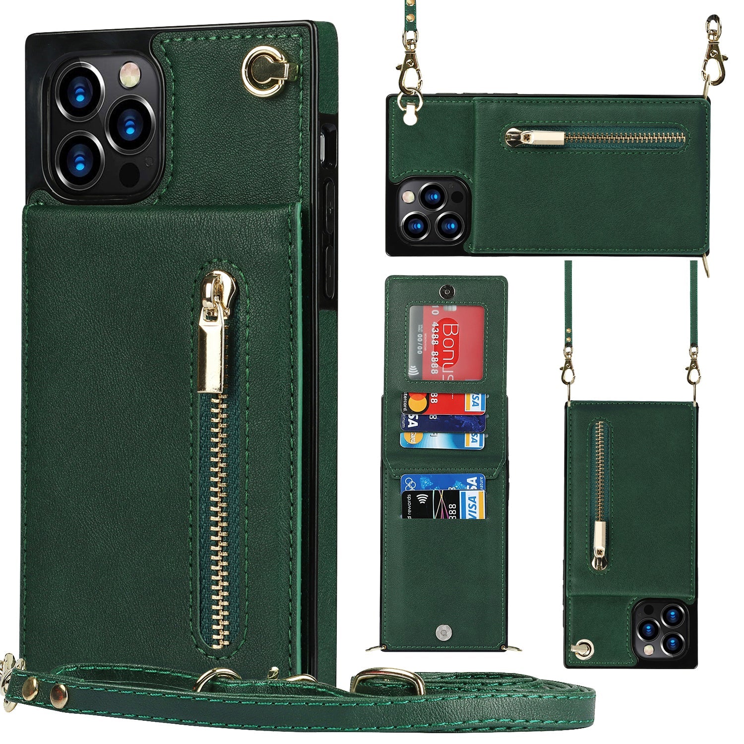 Slim Zipper Wallet Back Case for iPhone With Crossbody Strap - Cart2u.ro