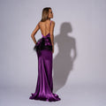 Rochie lunga din satin mov cu funda, pene si spate gol New Serena Carolina D