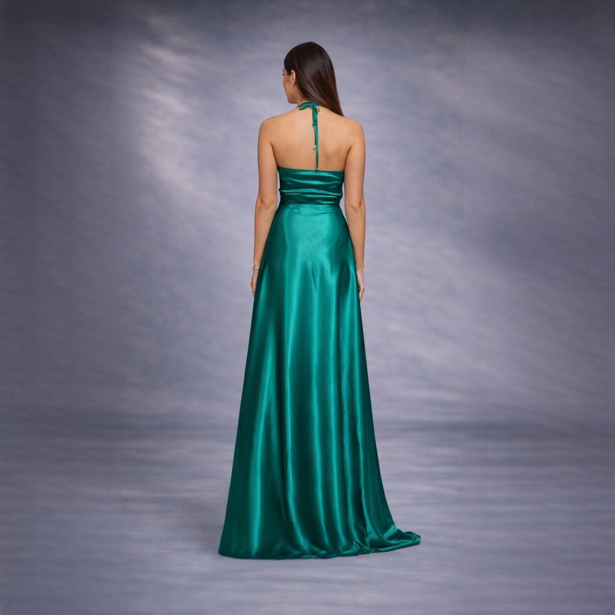 Rochie verde lunga din satin cu dantela Sensation Carolina D