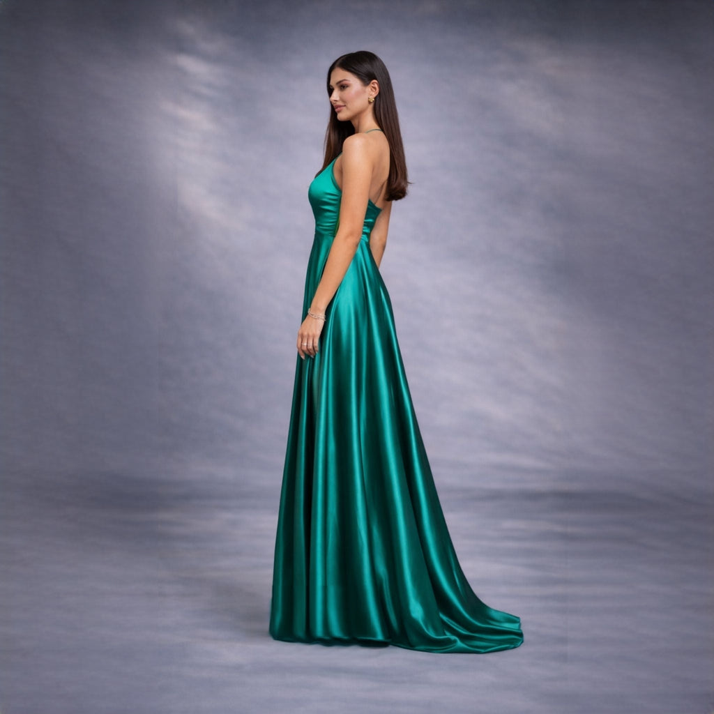 Rochie verde lunga din satin cu dantela Sensation Carolina D