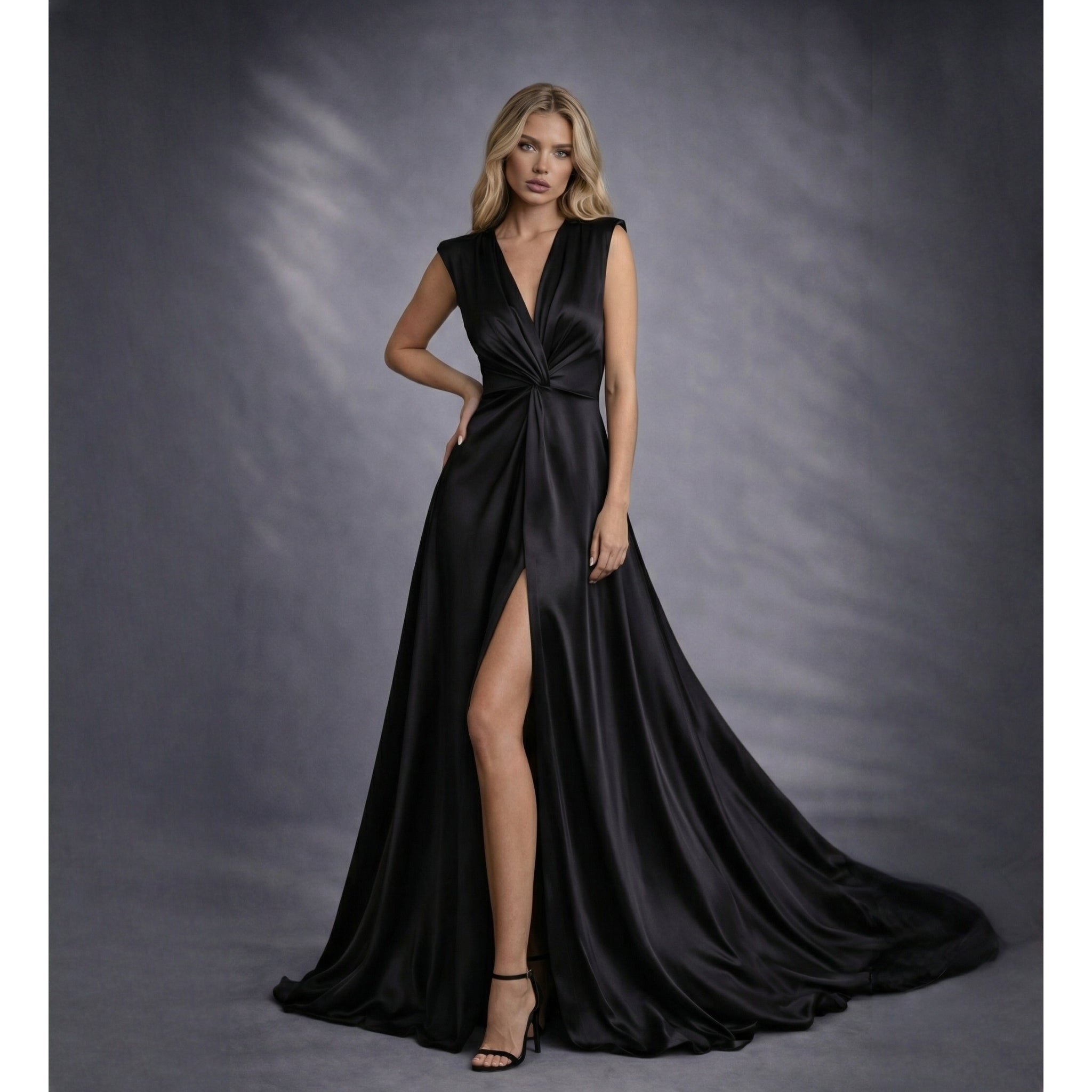 Rochie neagra lunga din satin cu nod in talie si despicatura London Carolina D