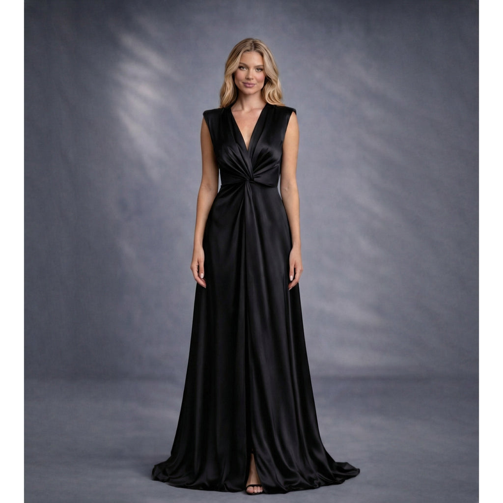 Rochie neagra lunga din satin cu nod in talie si despicatura London Carolina D