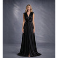 Rochie neagra lunga din satin cu nod in talie si despicatura London Carolina D
