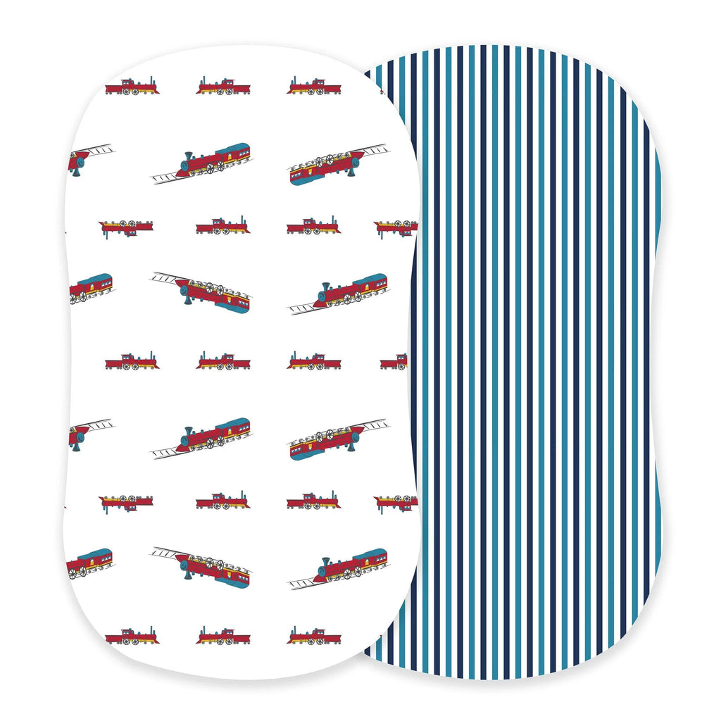 Vintage Steam Trains and Blue and White Stripe Bamboo Changing Pad - Cart2u.ro