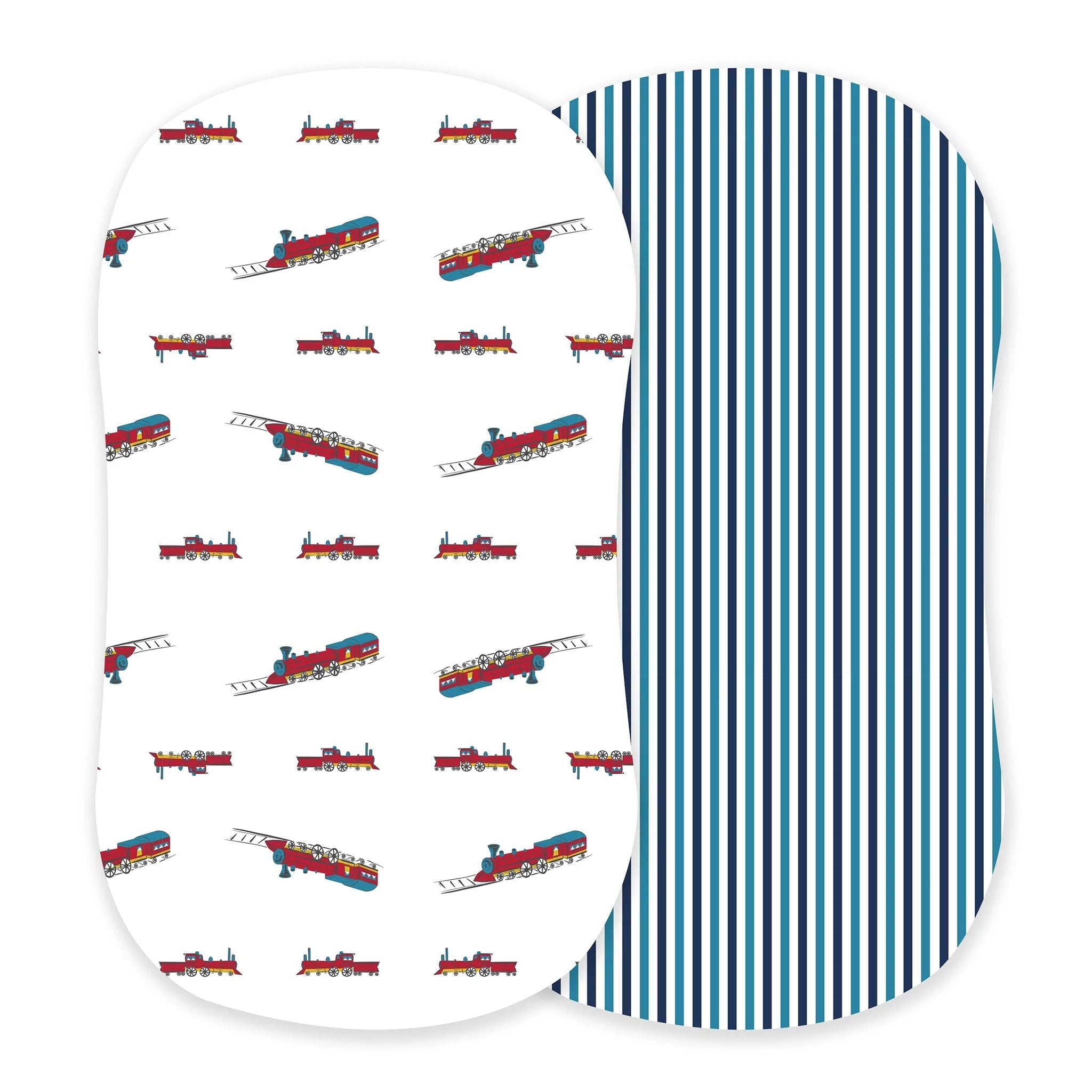 Vintage Steam Trains and Blue and White Stripe Bamboo Changing Pad - Cart2u.ro