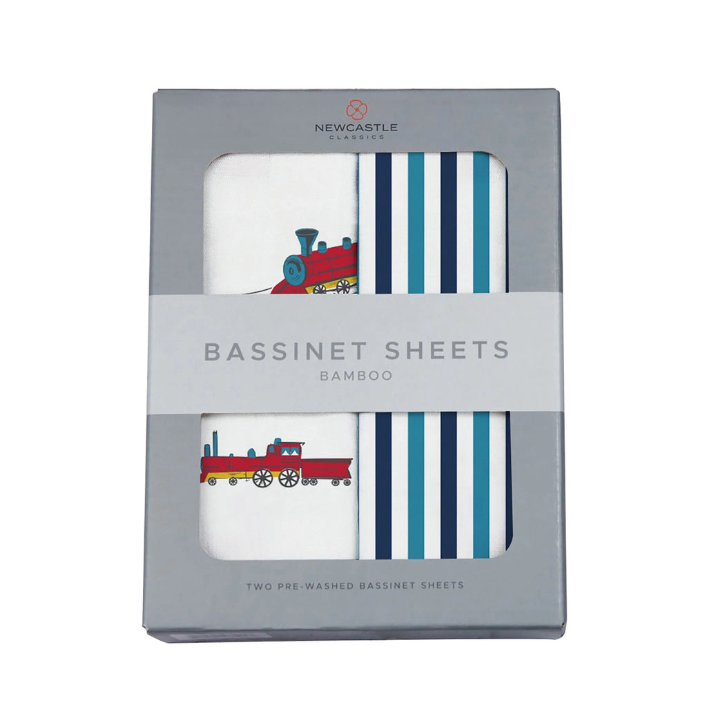 Vintage Steam Trains and Blue and White Stripe Bamboo Changing Pad - Cart2u.ro