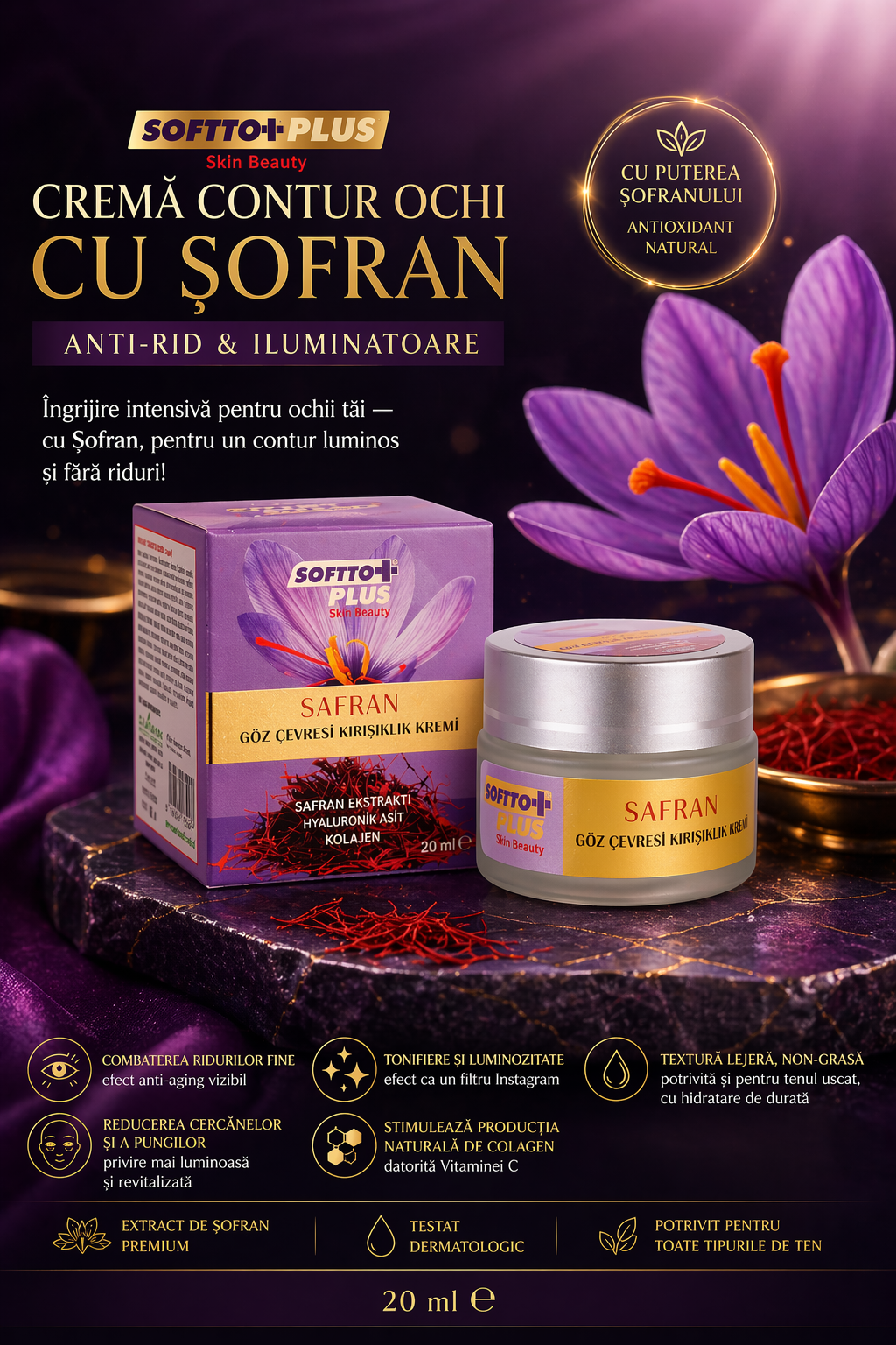 Cremă Contur Ochi cu Şofran – Anti-rid & Iluminatoare, 20 ml CRABLAND