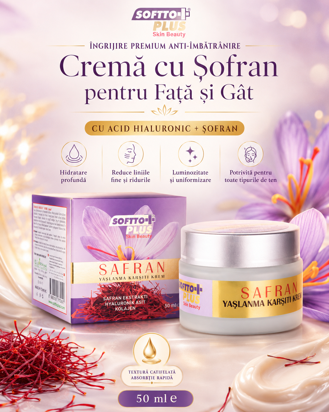 Crema Anti-îmbătrânire cu șofran pentru față și gât – 50 ml CRABLAND