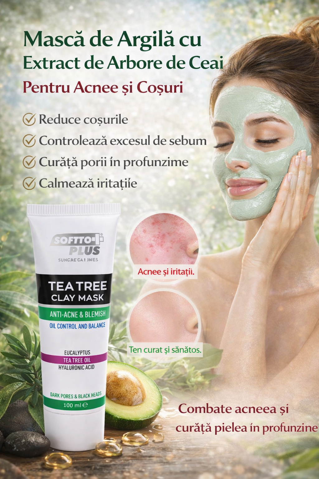 Mască De Argilă Cu Extract De Arbore De Ceai Pentru Acnee Și Coșuri – 100 ml CRABLAND