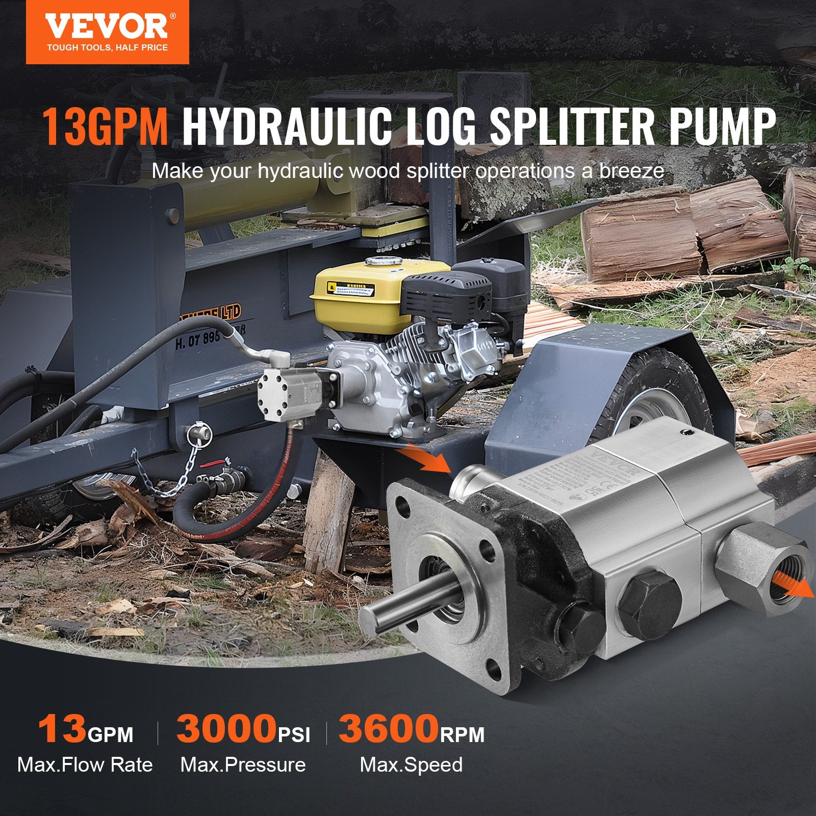 Hydraulic Log Splitter Pump, 13GPM, 2 Stage 3000PSI Wood Log Splitter