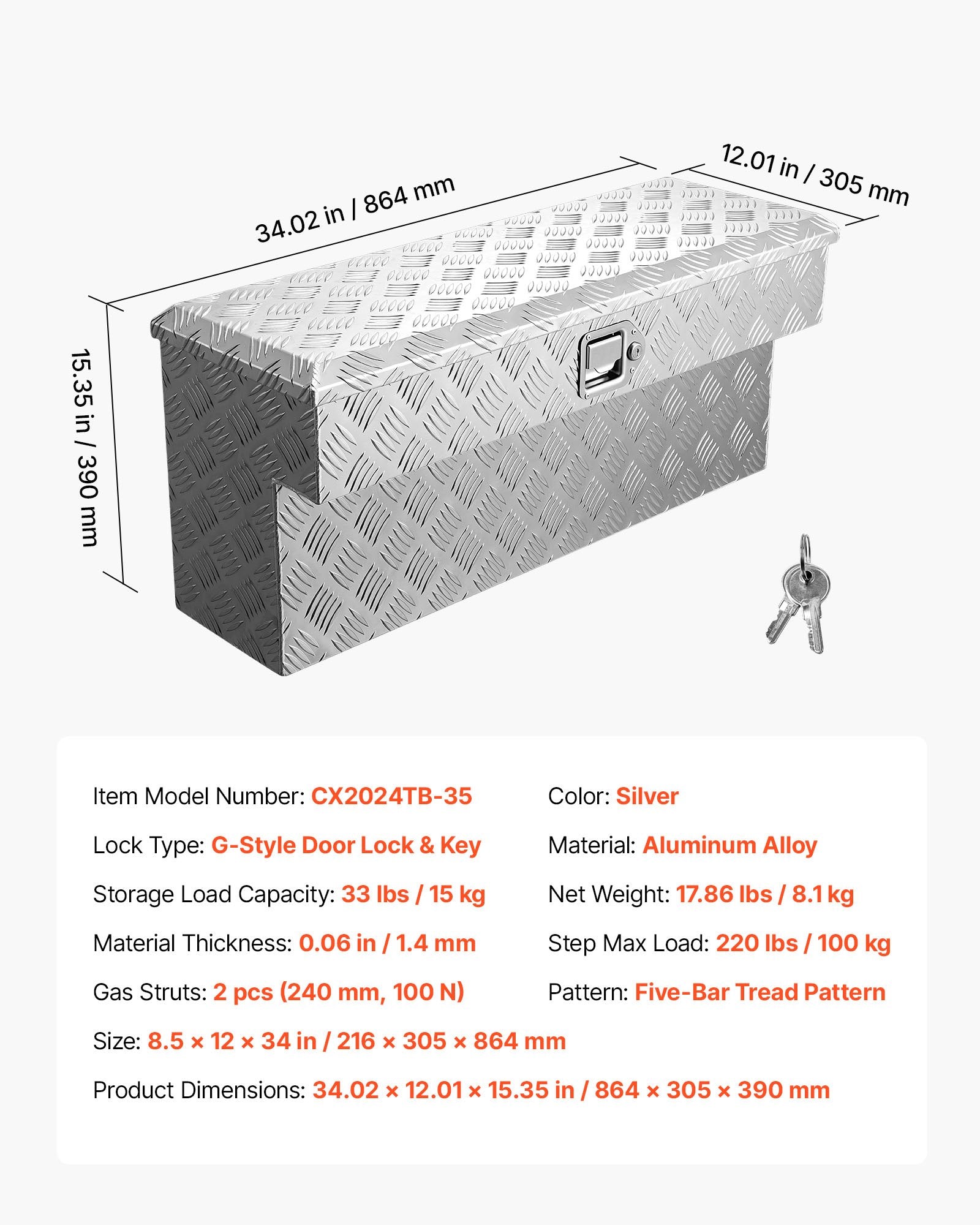 Truck Bed Tool Box, Heavy Duty Aluminum Tool Box with Tread Patterns,