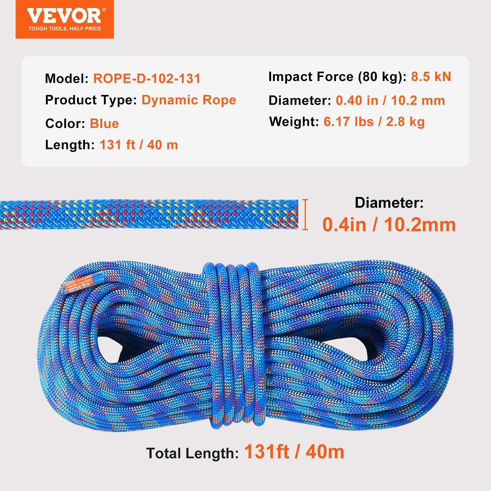 10.2mm Dynamic Climbing Rope, 40M(131ft) Outdoor Rock Climbing Rope