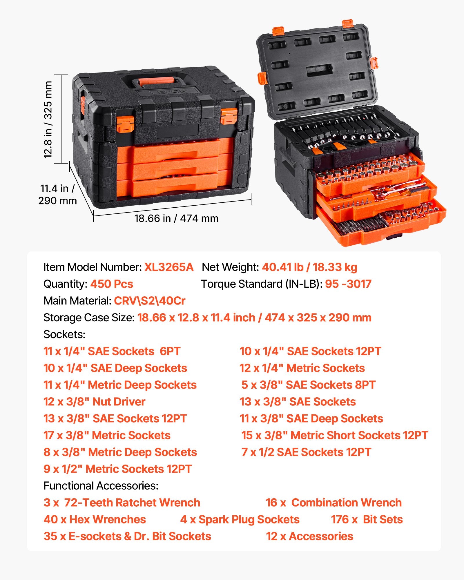Mechanics Tool Set and Socket Set, 450 Pcs, 6.4, 9.5 and 12.7 mm Drive