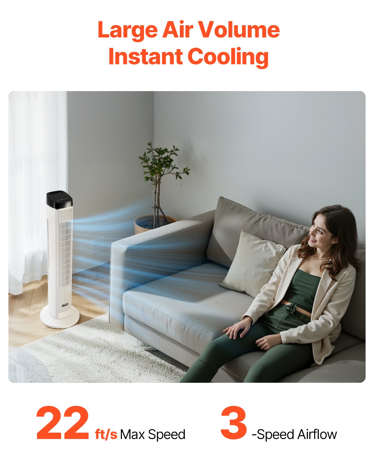 Tower Fan, 22 ft/s Velocity Quiet Floor Fan, 70° Oscillating Fans for - Cart2u.ro