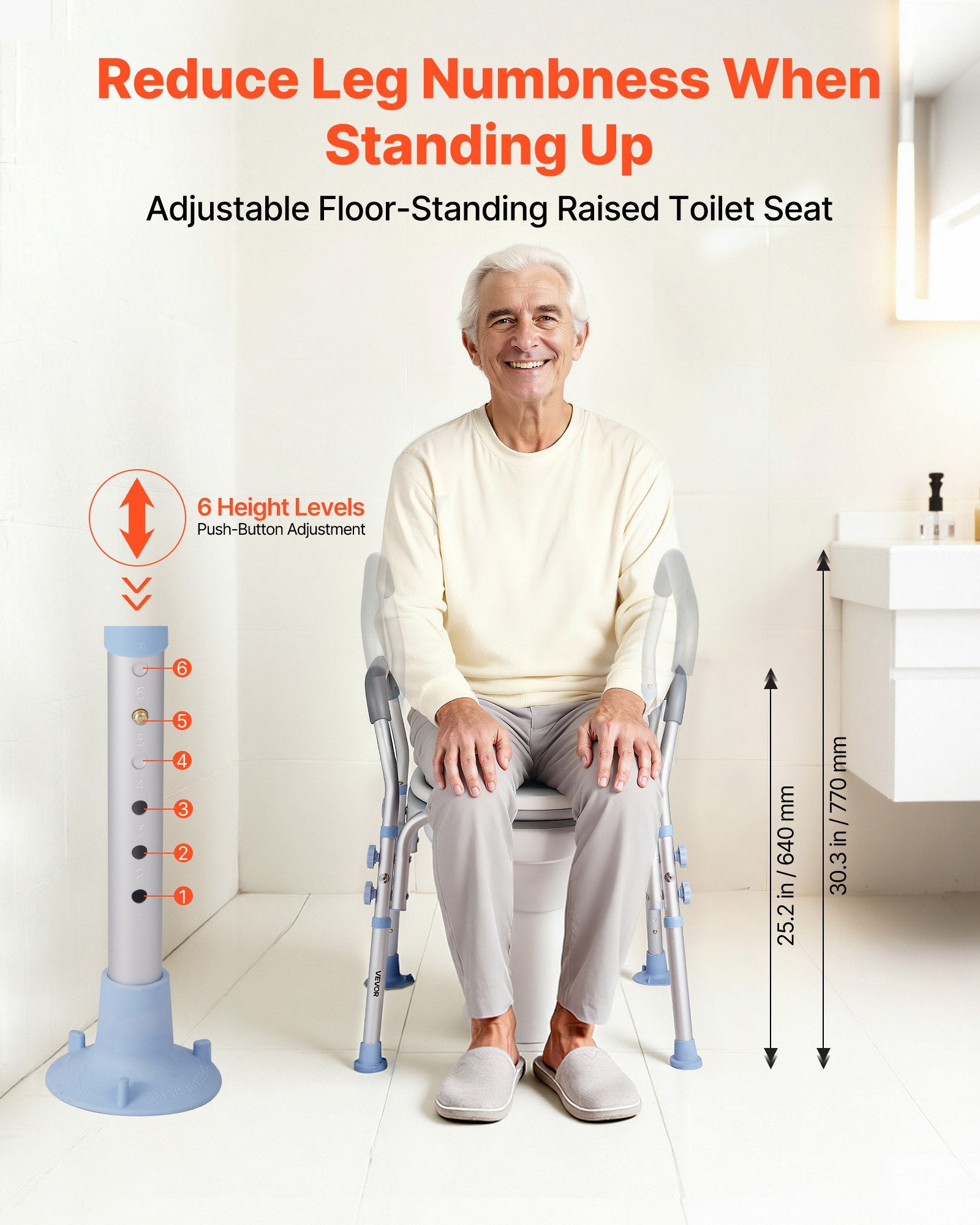 Raised Toilet Seat with Arms, 136 kg Load Capacity, Adjustable Height,