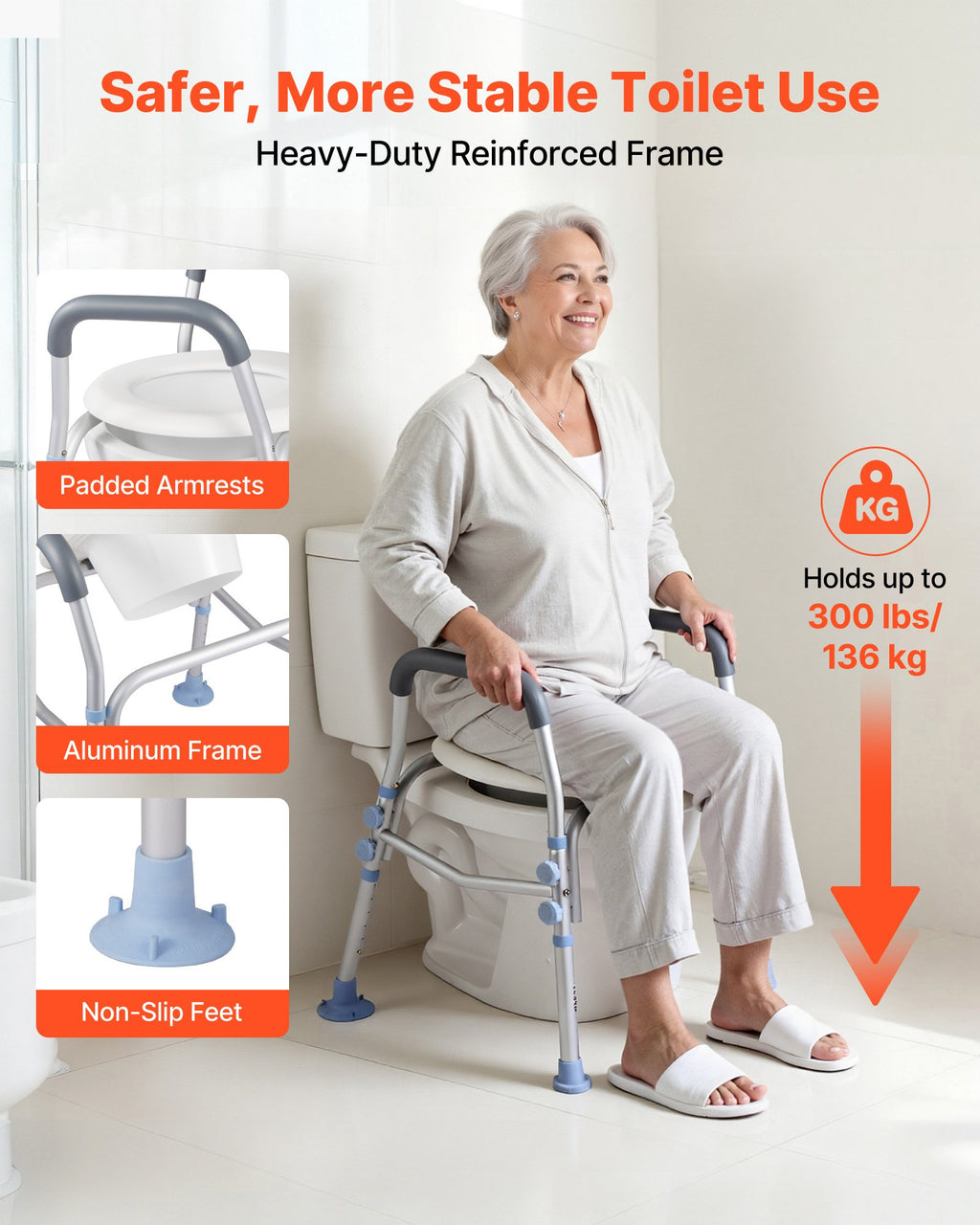 Raised Toilet Seat with Arms, 136 kg Load Capacity, Adjustable Height,