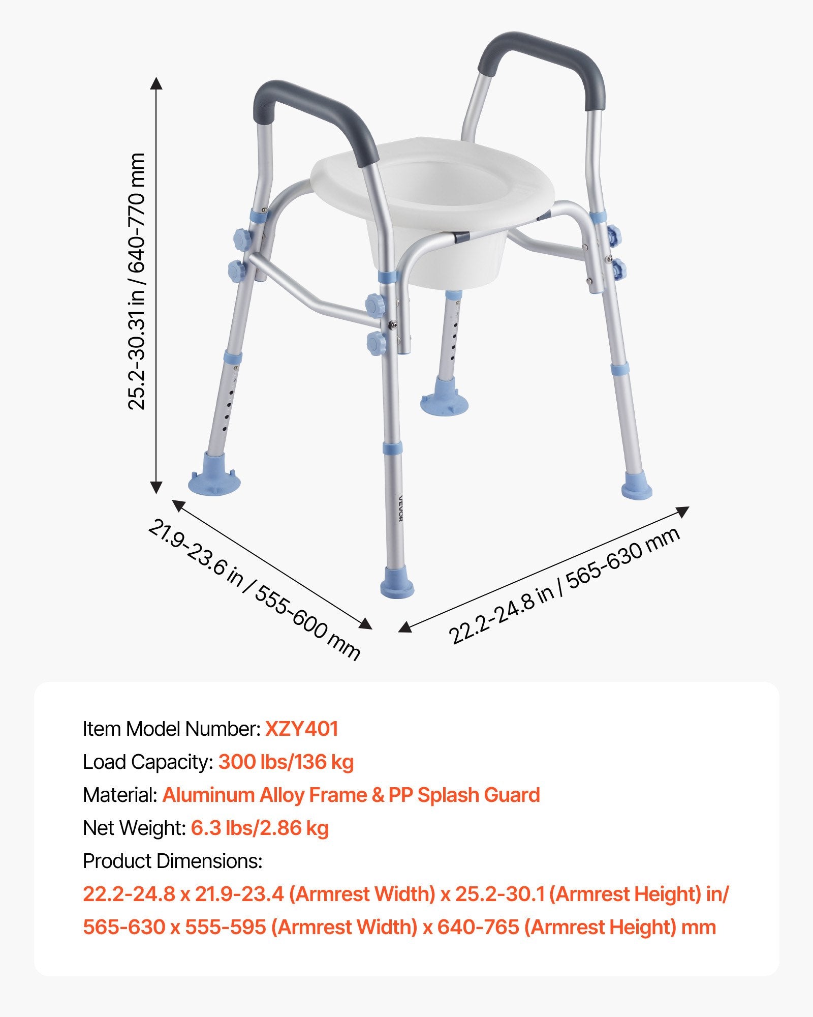 Raised Toilet Seat with Arms, 136 kg Load Capacity, Adjustable Height,