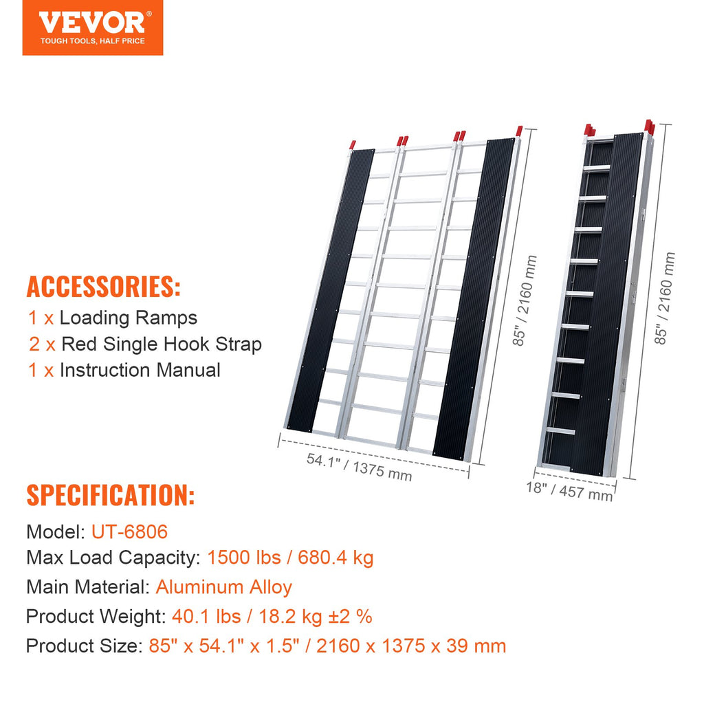 Tri-Fold Loading Ramp, 2160 x 1375 mm, Non-Slip Aluminum Trailer Ramp