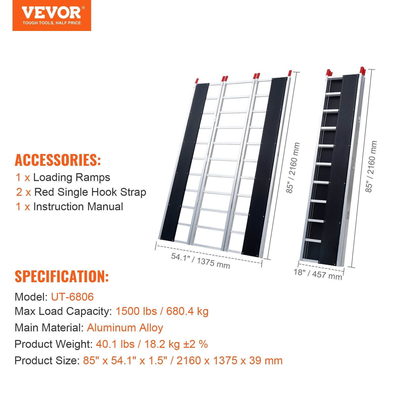 Tri-Fold Loading Ramp, 2160 x 1375 mm, Non-Slip Aluminum Trailer Ramp