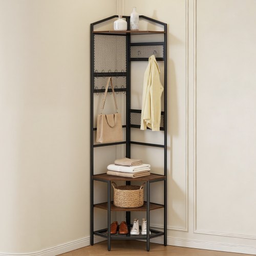 Corner Hall Tree, 1810 mm Coat Rack with Hooks, Top Shelf & Steel