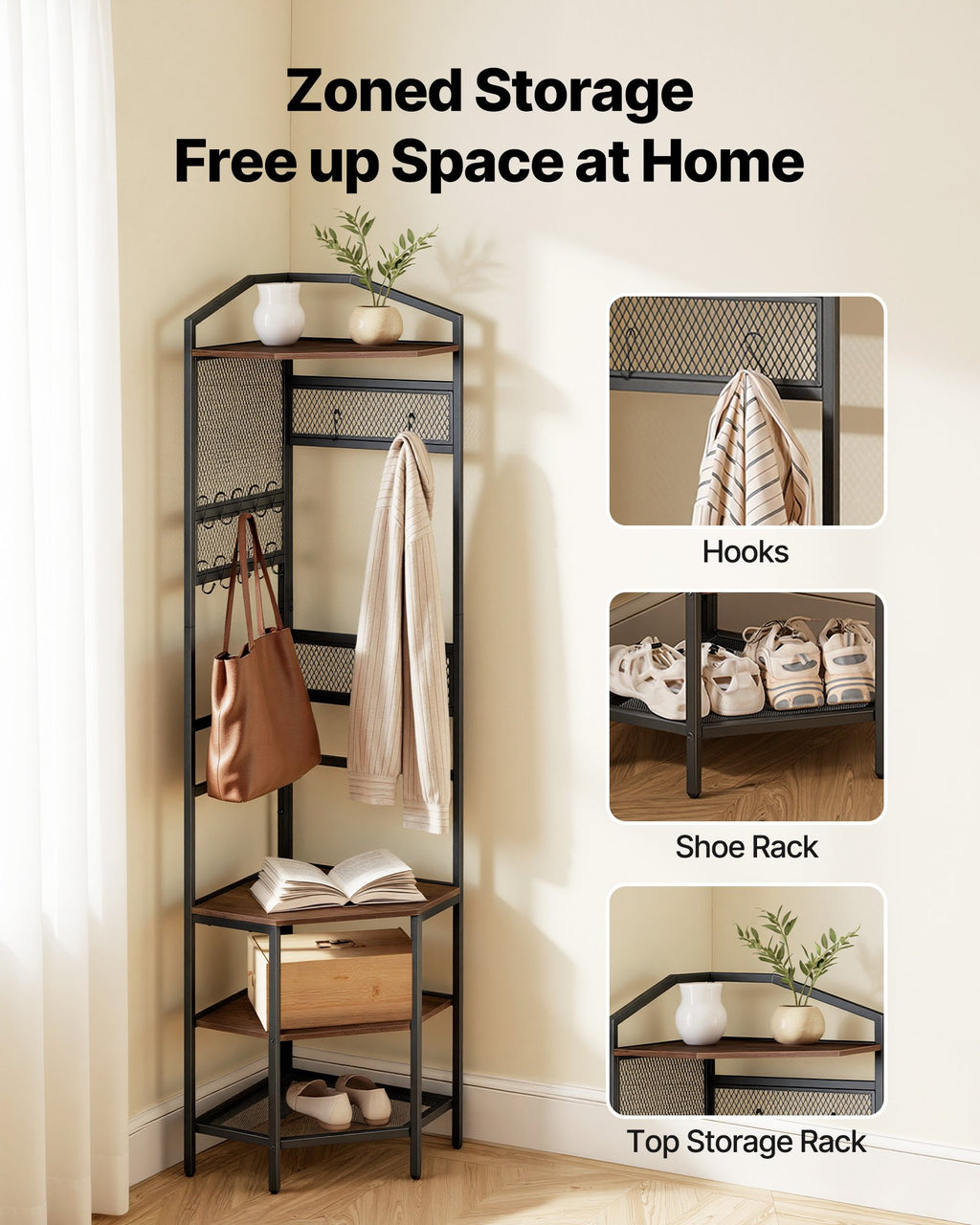 Corner Hall Tree, 1810 mm Coat Rack with Hooks, Top Shelf & Steel