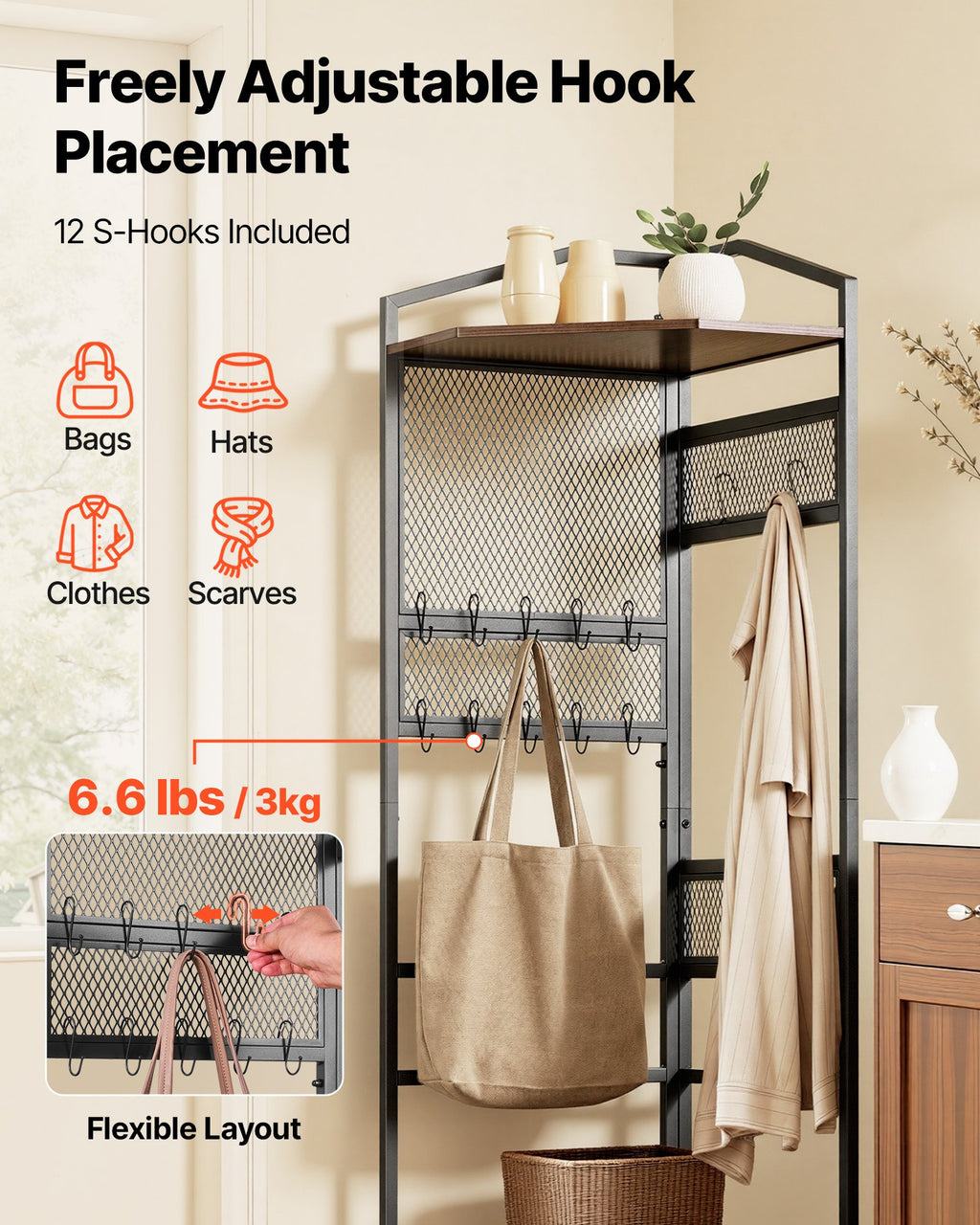 Corner Hall Tree, 1810 mm Coat Rack with Hooks, Top Shelf & Steel