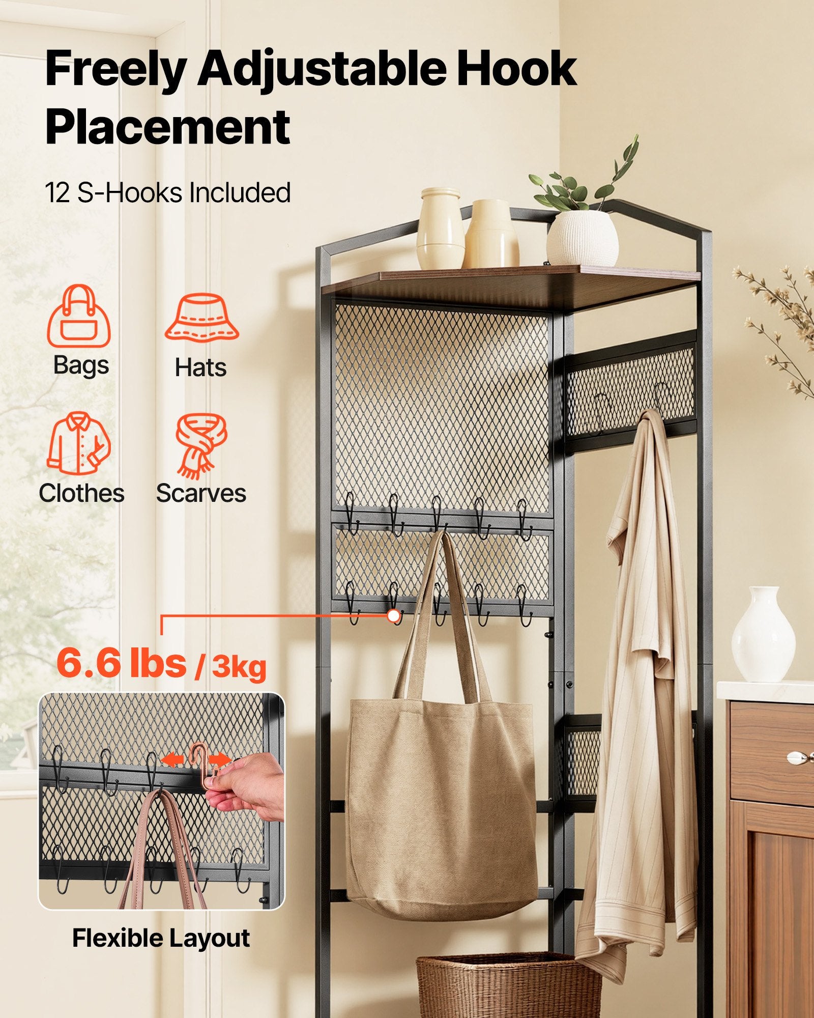 Corner Hall Tree, 1810 mm Coat Rack with Hooks, Top Shelf & Steel