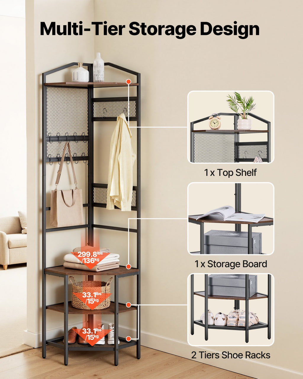 Corner Hall Tree, 1810 mm Coat Rack with Hooks, Top Shelf & Steel
