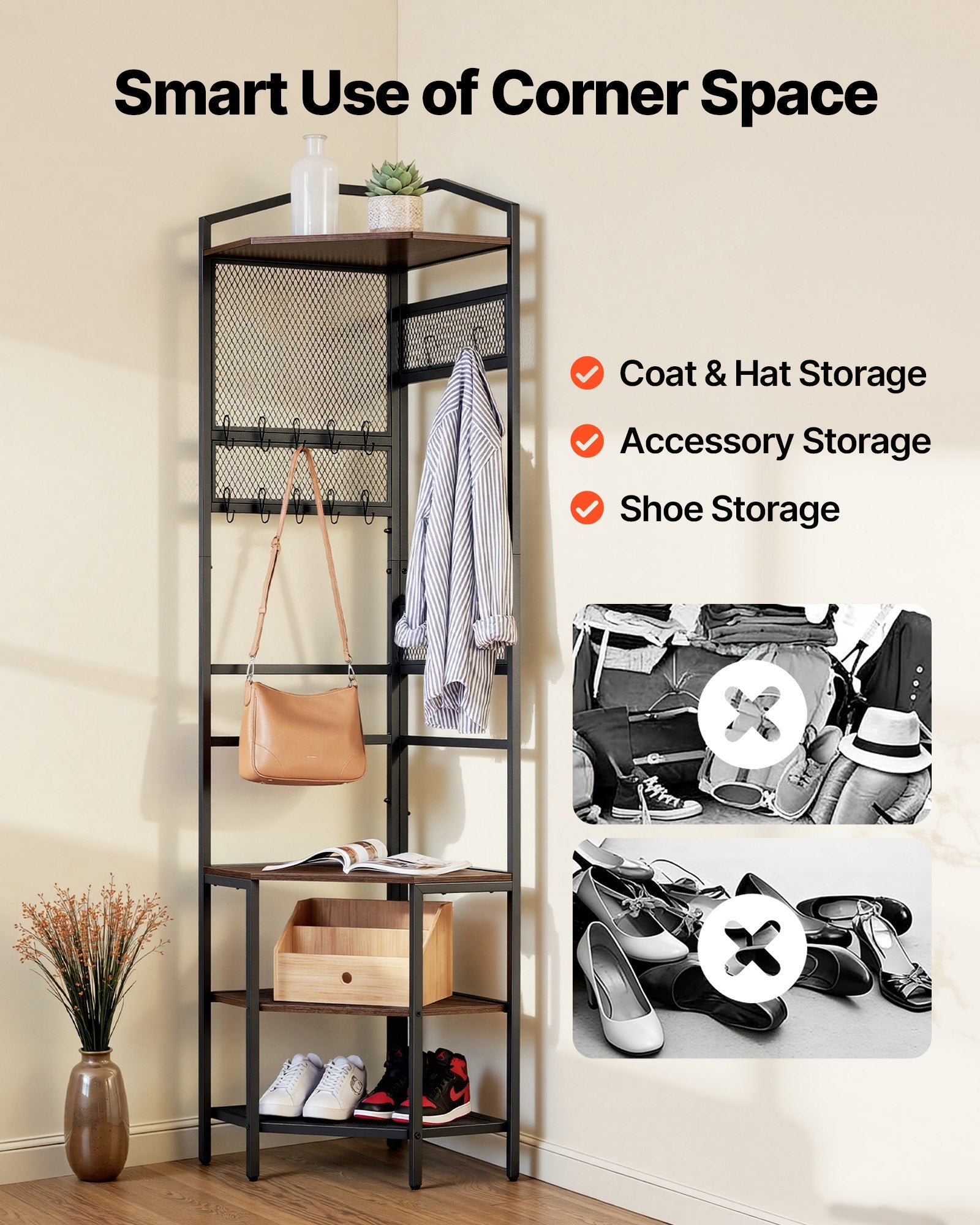 Corner Hall Tree, 1810 mm Coat Rack with Hooks, Top Shelf & Steel