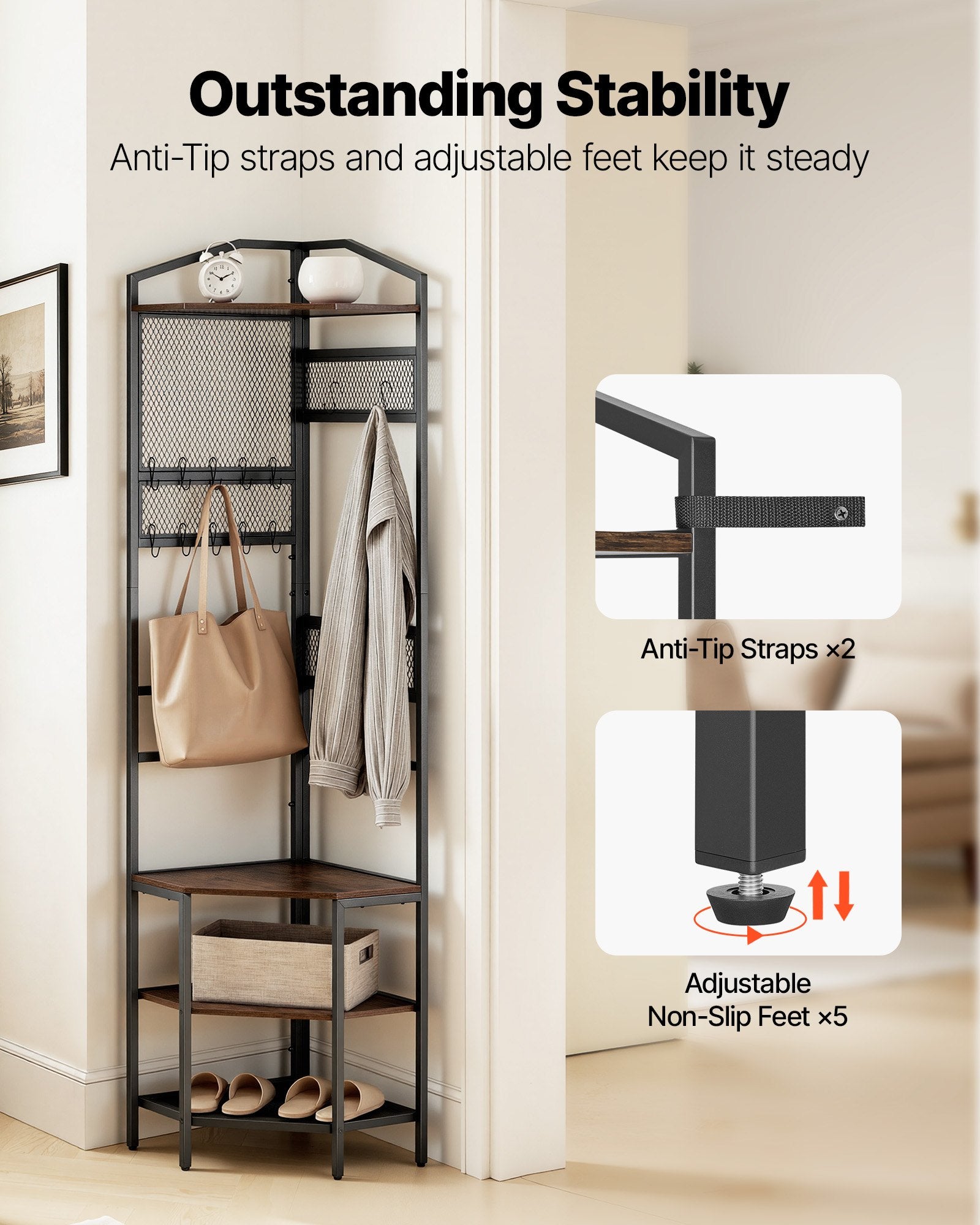 Corner Hall Tree, 1810 mm Coat Rack with Hooks, Top Shelf & Steel