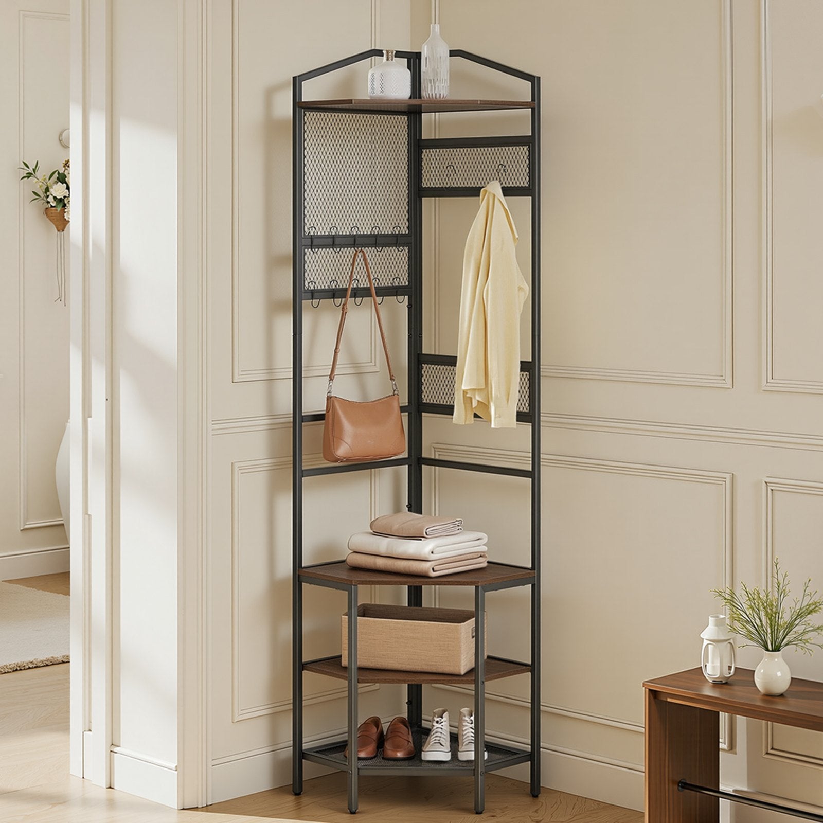 Corner Hall Tree, 1810 mm Coat Rack with Hooks, Top Shelf & Steel