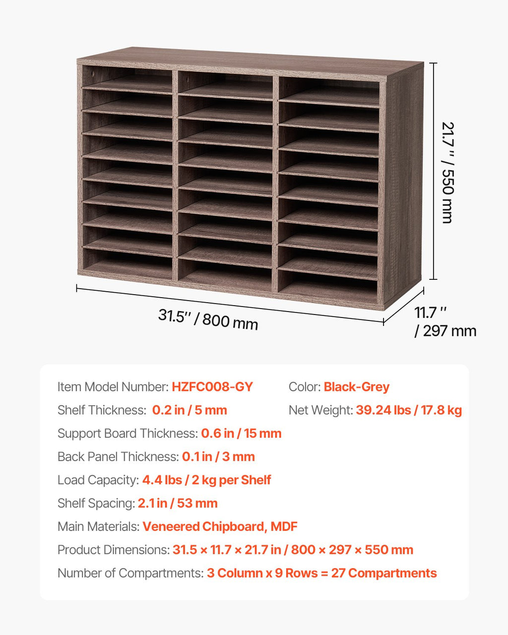 Literature Organizer, 27 Compartments Office Mailbox with Removable