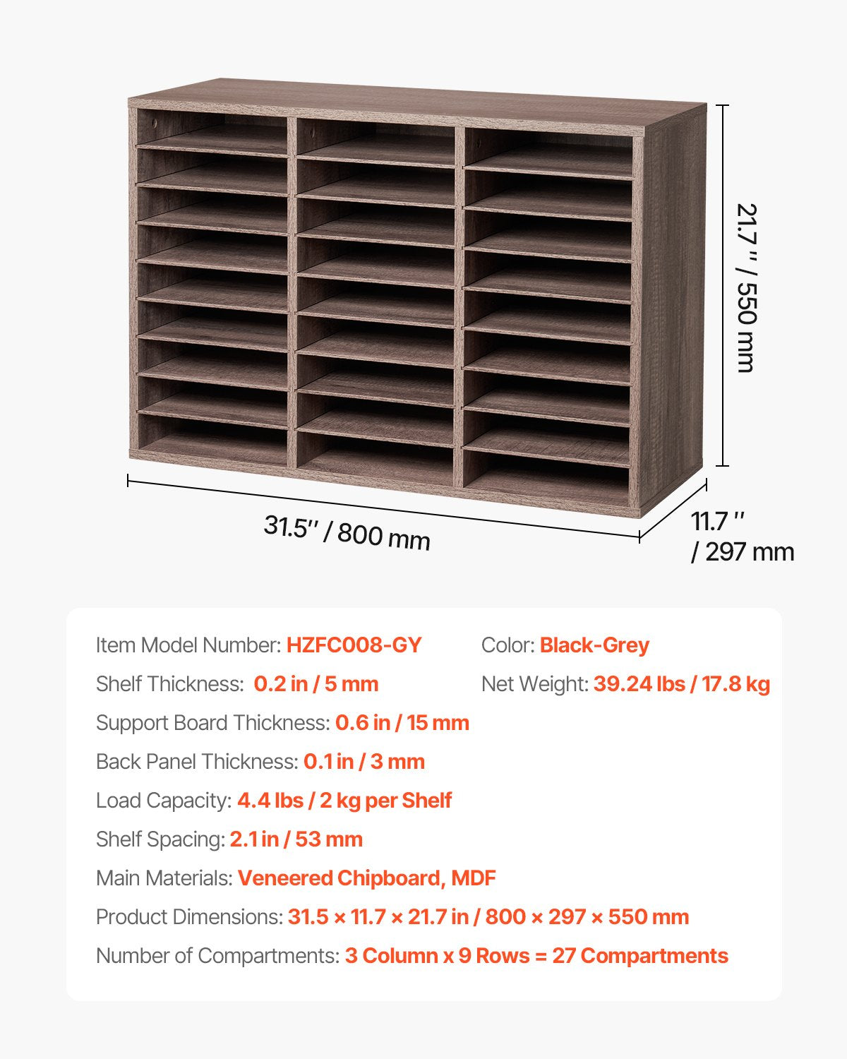 Literature Organizer, 27 Compartments Office Mailbox with Removable