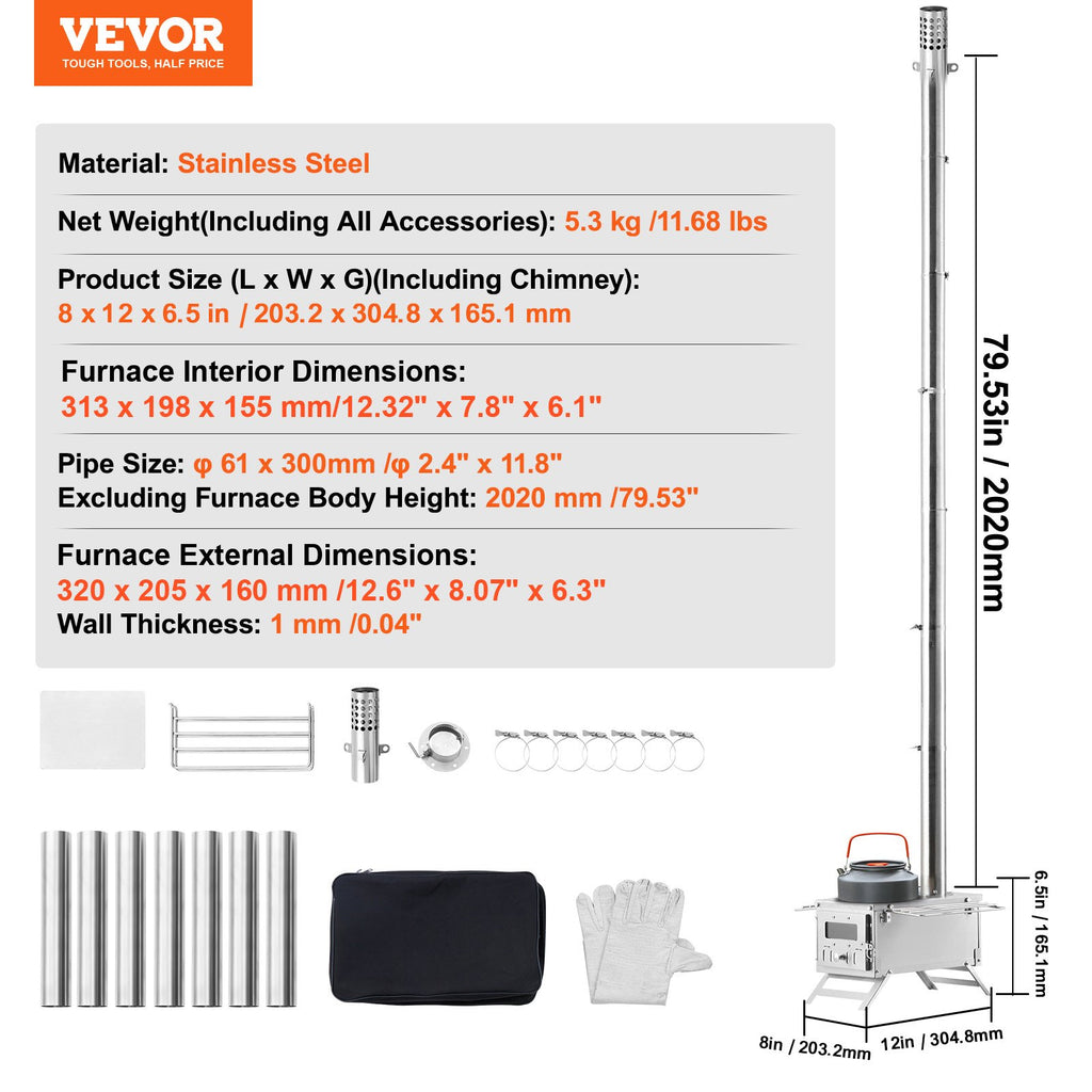 Wood Stove, 203.20 cm, Stainless Steel Camping Tent Stove, Portable
